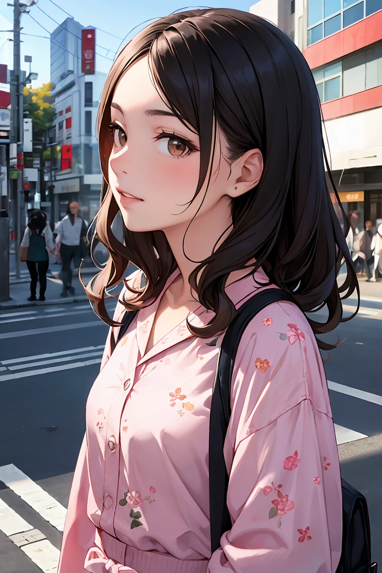 masterpiece, Highest quality, Photo of a modern Caucasian European woman with wavy dark hair, Fine brown eyes, And a floral shirt on the streets of Tokyo
