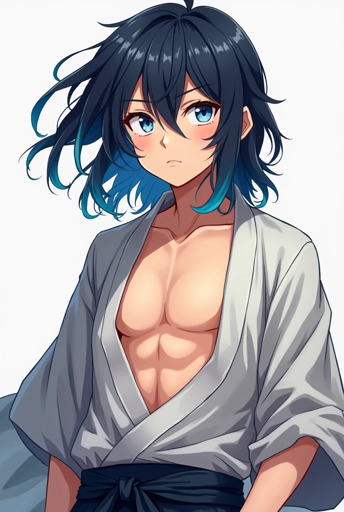 Create a young stubborn anime style boy with open haori and long hair touching the shoulder tied with blue tips