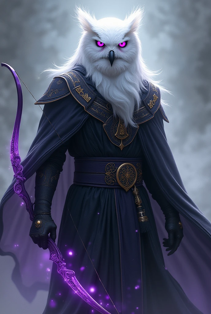 white owl man purple eyes purple bow in hand wind element black clothes 