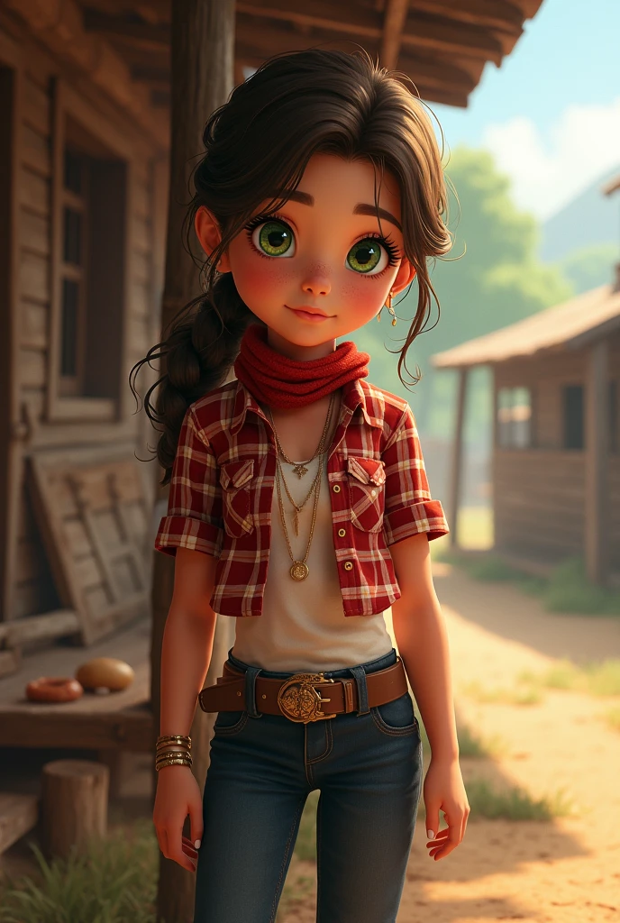 A  Brazilian girl with fair skin with a slight pinkish tint, greeneyes, with dark brown hair, in a western, wearing a red and white plaid shirt with short sleeves, a dark blue pants, brown boots and a scarf tied around his neck    