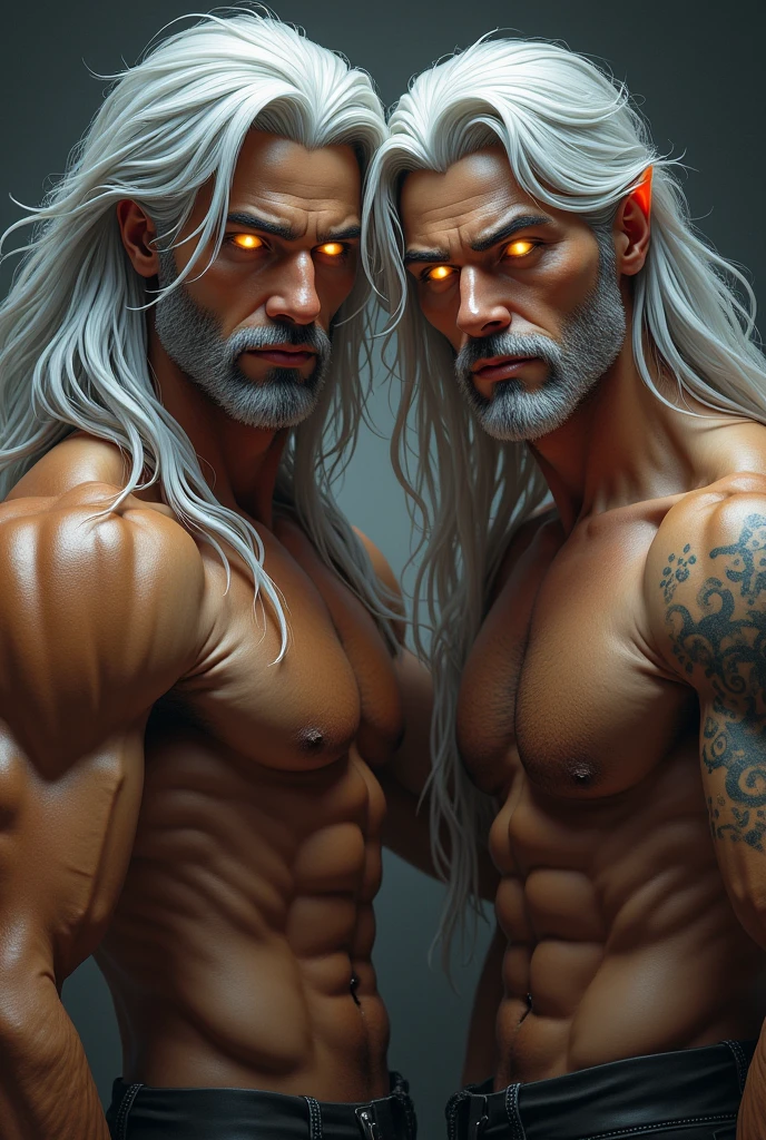 2 men.silver hair,silver hair ,golden eyes, silver eyes,rey, Principle,muscular, naked, facial hair, furry,Long hair, hard look, thoughtful, naughty face, mischievous, bright Eyes, High resolution, masterpiece, anatomically correct, necessary, Awarded many times, The best quality, detail, Damaged, details altos, HD Model, quality, high quality, smile, White skin, gifted