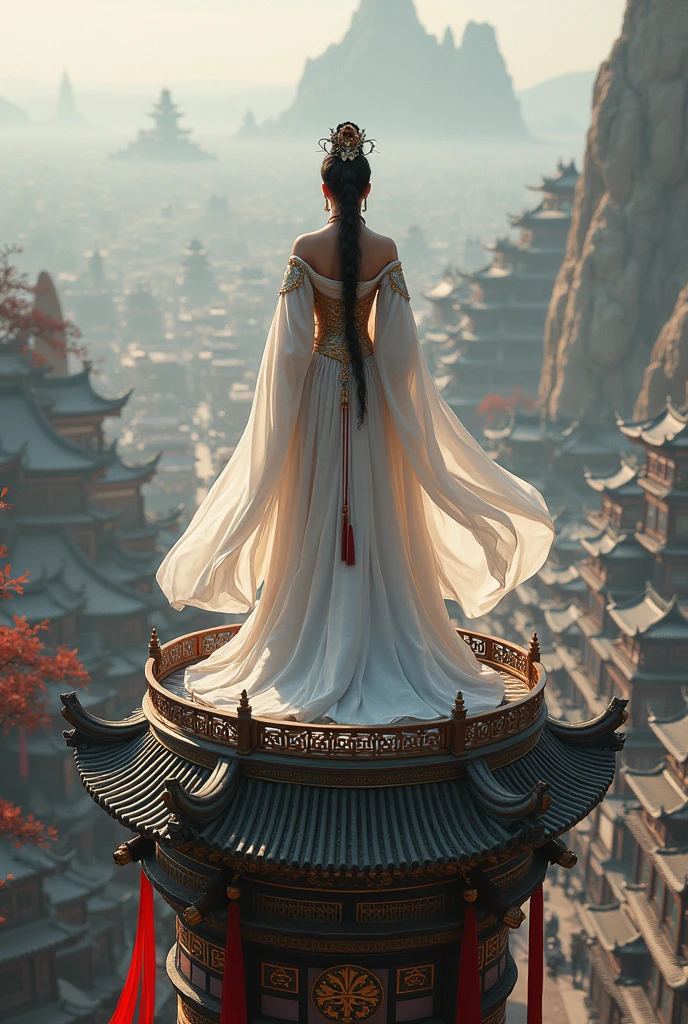 In the full Tang Dynasty era, a beautiful princess in a deep white dress, full of Tang Dynasty official regalia, stands on the edge of the tower looking at the prosperous city below. The atmosphere of the great Tang Dynasty capital is realistic.