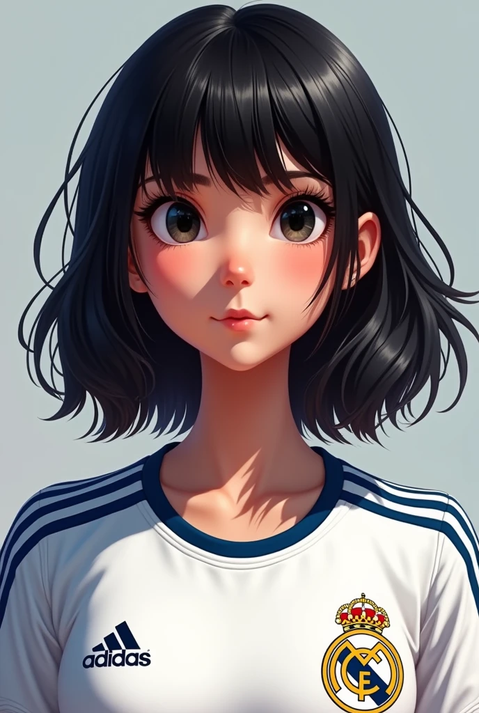brunette girl , black hair with bangs , with black eyes , lively , real madrid shirt
