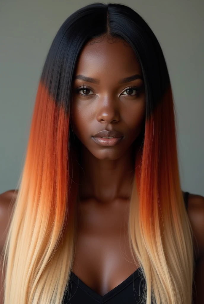 An image of a black woman with long straight hair. The top of the hair starting from the roots and going to the loose copper red length. The rest of the hair, that is underneath, It&#39;s very light blonde, tone 12 and long.