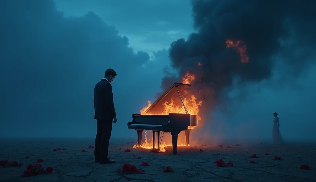 Create a highly emotional, cinematic scene set at night in a desolate landscape. In the foreground, a man with a heartbroken expression stands in front of a grand piano, which is burning with intense, blue-tinged flames. The man is dressed in a dark, tailored suit, symbolizing both his mourning and the solemnity of his love. His eyes are filled with tears, and he gazes at the flames with a mix of sorrow and longing.
Behind him, the sky is dark with rolling storm clouds, representing his grief and turmoil. Small, glowing embers float around, illuminating the scene like fading memories. Ghostly images of a woman’s smiling face, transparent and ethereal, appear in the smoke above the piano, symbolizing his deceased girlfriend's presence in his mind. Her face appears serene, casting a sense of warmth amidst the sadness.
The ground around the man is barren and cracked, showing the impact of his loss on his inner world. Scattered roses lie at his feet, petals singed by the fire, representing love that has been consumed by pain. In the background, a distant, ghostly figure of the woman, dressed in a white flowing dress, can be seen walking away into the fog, adding to the sense of longing and unreachable love.
The scene is lit with a soft, moonlit glow that contrasts with the fiery blues, creating a melancholic yet beautiful atmosphere. The use of color should evoke a sense of coldness, with blues and grays dominating, but with occasional warm oranges from the flames, representing the man's enduring love and the burning pain of his soul.
This prompt captures the essence of deep emotional pain, loss, and longing, using the imagery of fire, darkness, and ethereal visions to convey the themes of the song.