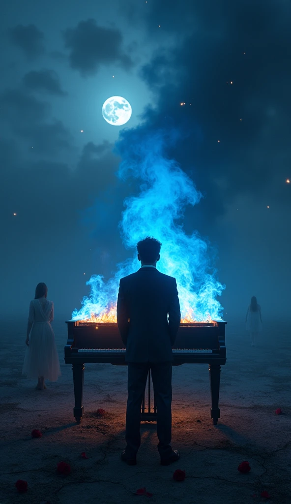Create a highly emotional, cinematic scene set at night in a desolate landscape. In the foreground, a man with a heartbroken expression stands in front of a grand piano, which is burning with intense, blue-tinged flames. The man is dressed in a dark, tailored suit, symbolizing both his mourning and the solemnity of his love. His eyes are filled with tears, and he gazes at the flames with a mix of sorrow and longing.
Behind him, the sky is dark with rolling storm clouds, representing his grief and turmoil. Small, glowing embers float around, illuminating the scene like fading memories. Ghostly images of a woman’s smiling face, transparent and ethereal, appear in the smoke above the piano, symbolizing his deceased girlfriend's presence in his mind. Her face appears serene, casting a sense of warmth amidst the sadness.
The ground around the man is barren and cracked, showing the impact of his loss on his inner world. Scattered roses lie at his feet, petals singed by the fire, representing love that has been consumed by pain. In the background, a distant, ghostly figure of the woman, dressed in a white flowing dress, can be seen walking away into the fog, adding to the sense of longing and unreachable love.
The scene is lit with a soft, moonlit glow that contrasts with the fiery blues, creating a melancholic yet beautiful atmosphere. The use of color should evoke a sense of coldness, with blues and grays dominating, but with occasional warm oranges from the flames, representing the man's enduring love and the burning pain of his soul.
This prompt captures the essence of deep emotional pain, loss, and longing, using the imagery of fire, darkness, and ethereal visions to convey the themes of the song.
