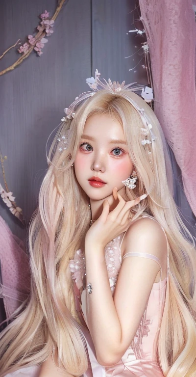 Blonde girl with long hair and a pink dress posing for a photo, ulzzang, with long white hair, with long white hair, magical lolita girl portrait, combine, lalisa manobal, ✨🕌🌙, portrait of a magical girl, Kim Doyoung, como de combines, white hime cut hairstyle, long shiny ethereal hair