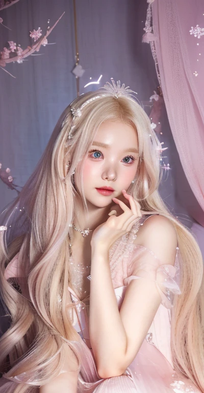 Blonde girl with long hair and a pink dress posing for a photo, ulzzang, with long white hair, with long white hair, magical lolita girl portrait, combine, lalisa manobal, ✨🕌🌙, portrait of a magical girl, Kim Doyoung, como de combines, white hime cut hairstyle, long shiny ethereal hair