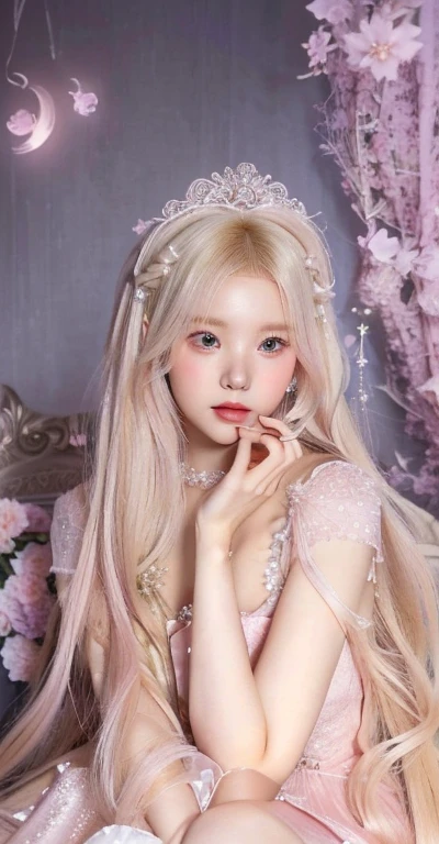 Blonde girl with long hair and a pink dress posing for a photo, ulzzang, with long white hair, with long white hair, magical ****ta girl portrait, combine, lalisa manobal, ✨🕌🌙, portrait of a magical girl, Kim Doyoung, como de combines, white hime cut hairstyle, long shiny ethereal hair