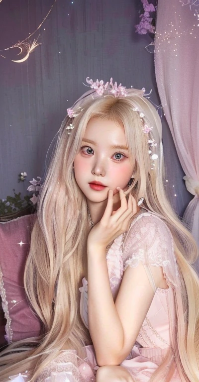 Blonde girl with long hair and a pink dress posing for a photo, ulzzang, with long white hair, with long white hair, magical ****ta girl portrait, combine, lalisa manobal, ✨🕌🌙, portrait of a magical girl, Kim Doyoung, como de combines, white hime cut hairstyle, long shiny ethereal hair