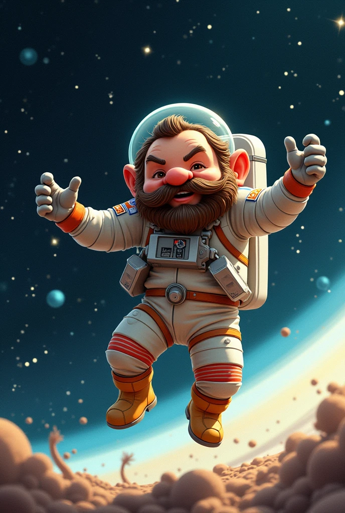 A dwarf astronaut with a big nose who dances