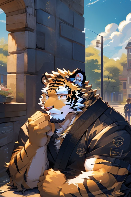 (masterpiece,best quality,Super detailed,Perfect anatomical structure),Detailed background,Empty,hairy,cannon, 2,Clear focus,White tiger,By Empty Ghost, rest sunshine,external,campus, Solitary,Solitary ,male,male ,human nature,Cat,Tiger,muscular,rest (White fur:1.5,White body:1.5),looking at the audience,Delicateeyes, Dressed,Casual clothing is acceptable when the weather is nice,Golden pupils,katana in the back,14'0 ft tall, medium long snout