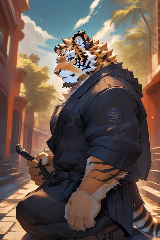 (masterpiece,best quality,Super detailed,Perfect anatomical structure),Detailed background,Empty,hairy,cannon, 2,Clear focus,White tiger,By Empty Ghost, rest sunshine,external,campus, Solitary,Solitary ,male,male ,human nature,Cat,Tiger,muscular,rest (White fur:1.5,White body:1.5),looking at the audience,Delicateeyes, Dressed,Casual clothing is acceptable when the weather is nice,Golden pupils,katana in the back,14'0 ft tall, medium long snout