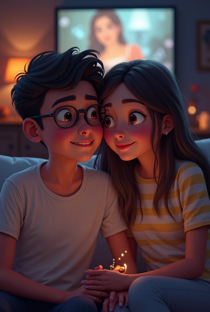 a couple, boy with circular glasses wide face , girl without glasses and long hair, purple nails, watching a movie in the living room and kissing, Both watching the movie and being seen face to face , They are at the cinema and the girl is wearing a white and yellow horizontal striped t-shirt
