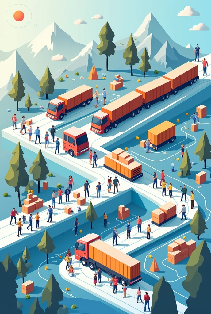 Supply chain with every step visually, indicating who acts in this process. no text
