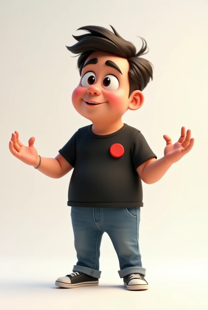 Create a Disney Pixar style character in a white setting a white man, narigudo, with thick eyebrows, the short hair down, short, wearing a black t-shirt with a red circle on the left chest and jeans pointing with his hands