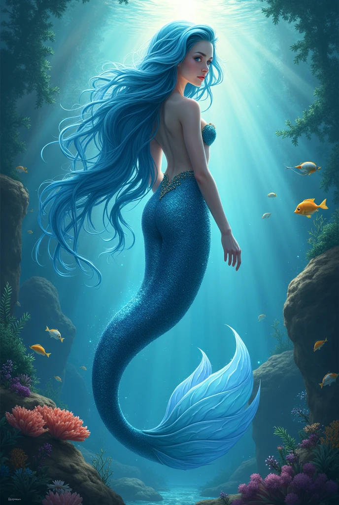 long blue haired mermaid, with clear tips