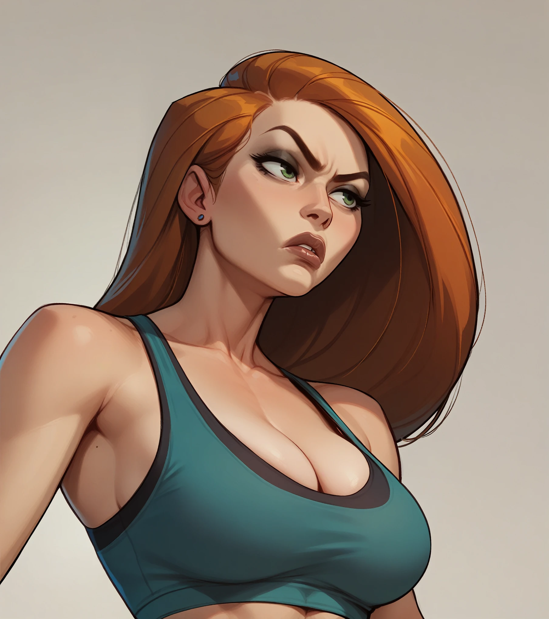 score_9, score_8_up,score_7_up, score_6_up, score_5_up, score_4_up, woman, best quality, highres, full body shot, solo, beautiful, makeup, soft lips, kim possible, serious, large cleavage, sport bra,