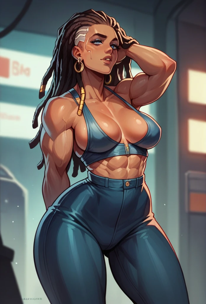 a muscular mulatto android with dreadlocks, exuberant breasts, and wide hips, dressed in a sensual outfit, displayed as a product in a showcase with cyberpunk details and a cinematic atmosphere, surrounded by other android displays in a busy futuristic store
