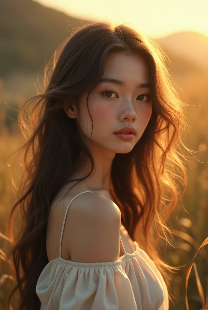 a young beautiful woman, detailed facial features, delicate skin, long luscious hair, elegant pose, serene expression, natural lighting, high quality, photorealistic, digital painting, cinematic, atmospheric, warm color palette