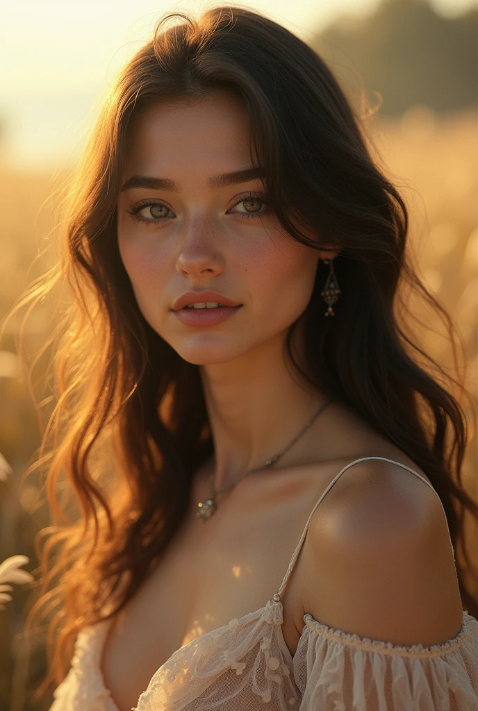 a young beautiful woman, detailed facial features, delicate skin, long luscious hair, elegant pose, serene expression, natural lighting, high quality, photorealistic, digital painting, cinematic, atmospheric, warm color palette