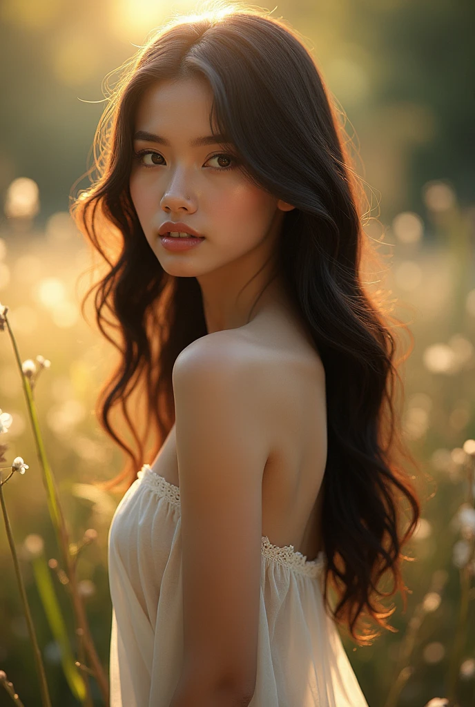 a young beautiful woman, detailed facial features, delicate skin, long luscious hair, elegant pose, serene expression, natural lighting, high quality, photorealistic, digital painting, cinematic, atmospheric, warm color palette