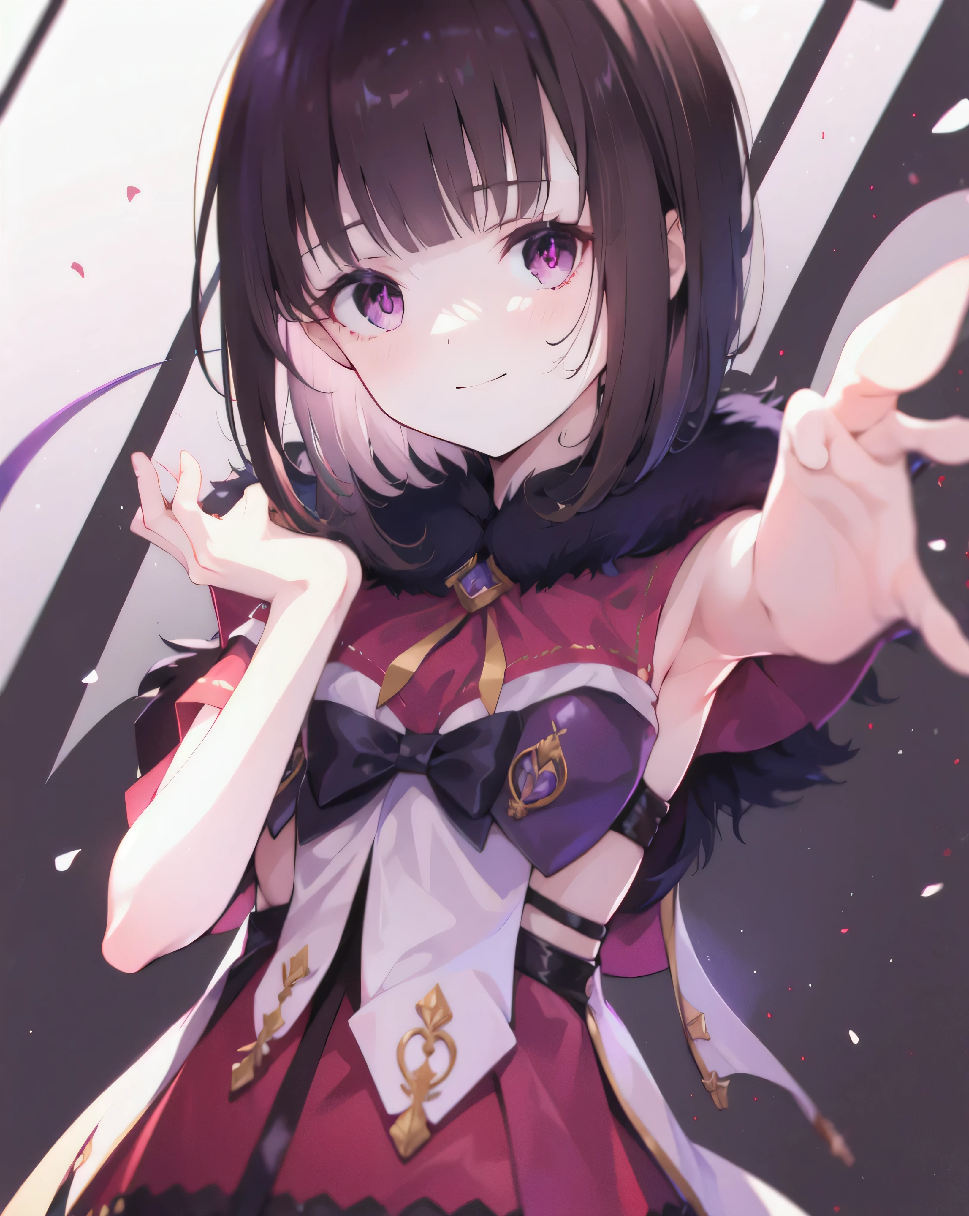 masterpiece, Highest quality, One girl, eric, Purple eyes, Brown Hair, Blunt bangs, Bobcut, Two honjiao, , bare shoulisers, Elbow hand pockets, Gauntlet, reis skirt, Fur trim, View your viewers, :is, IncrsVGift Both, incoming gift, outisoors, evil smile,shaded  face(eyes in shadow),darkness background,devil,two hone