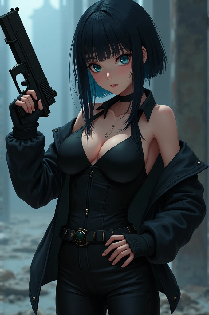 1 Jujutsu Kaisen anime girl, straight black hair with bangs, blue eyes, with a slightly revealing black uniform, with a gun in his hands