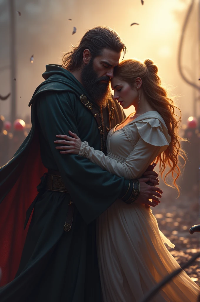 Make the wizard Valir cry and hold the support Rafaela in his arms, both are characters from a game known as Mobile Legends: Bang Bang.