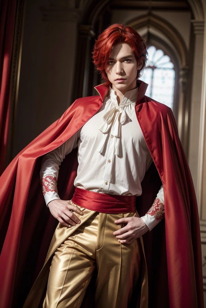 Red-haired man with short straight hair wearing a prince outfit with a red cape