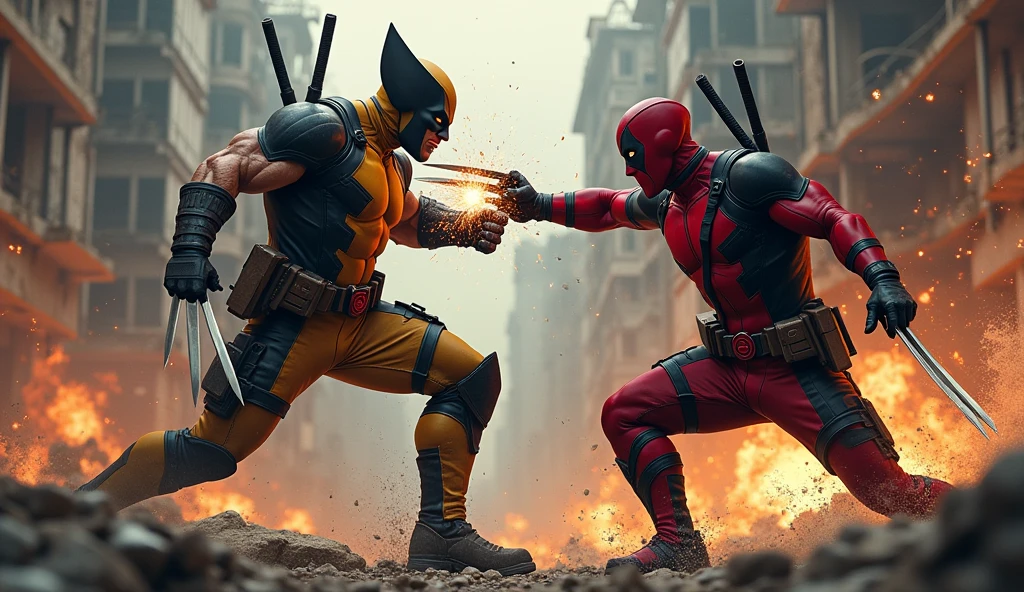 x-man logan fighting with Deadpool on his knee (master piece) (zoom)