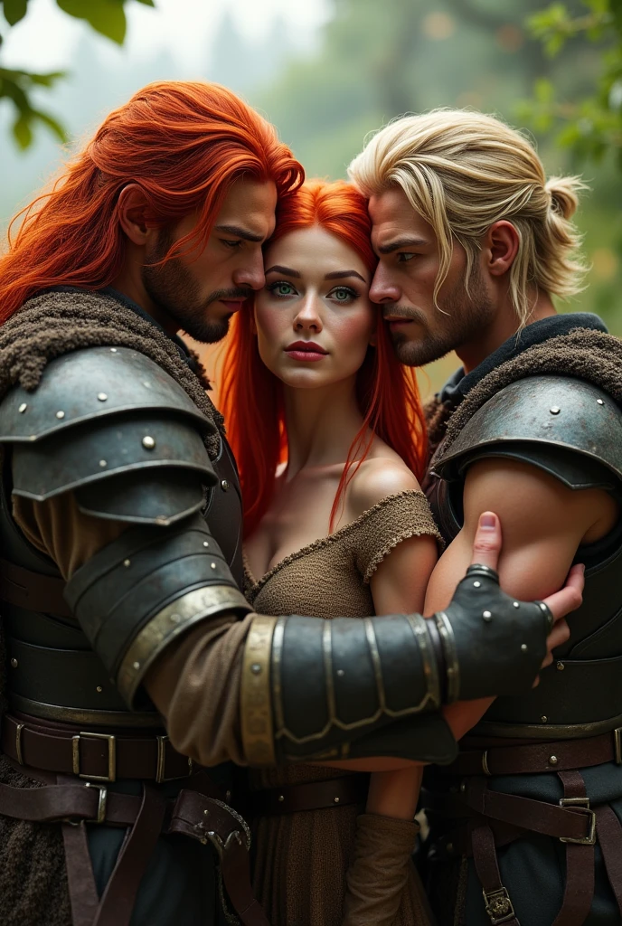 beautiful female warrior with red hair and green eyes, In a love triangle with two male warriors, one with long red hair, caramel skin and bad boy look, and the other one is a blonde with short hair.
The man with red hair looks at her with love and hugs her, And that one, who has light hair, wants to seduce her, she is between them and doesn&#39;t know, Who to choose