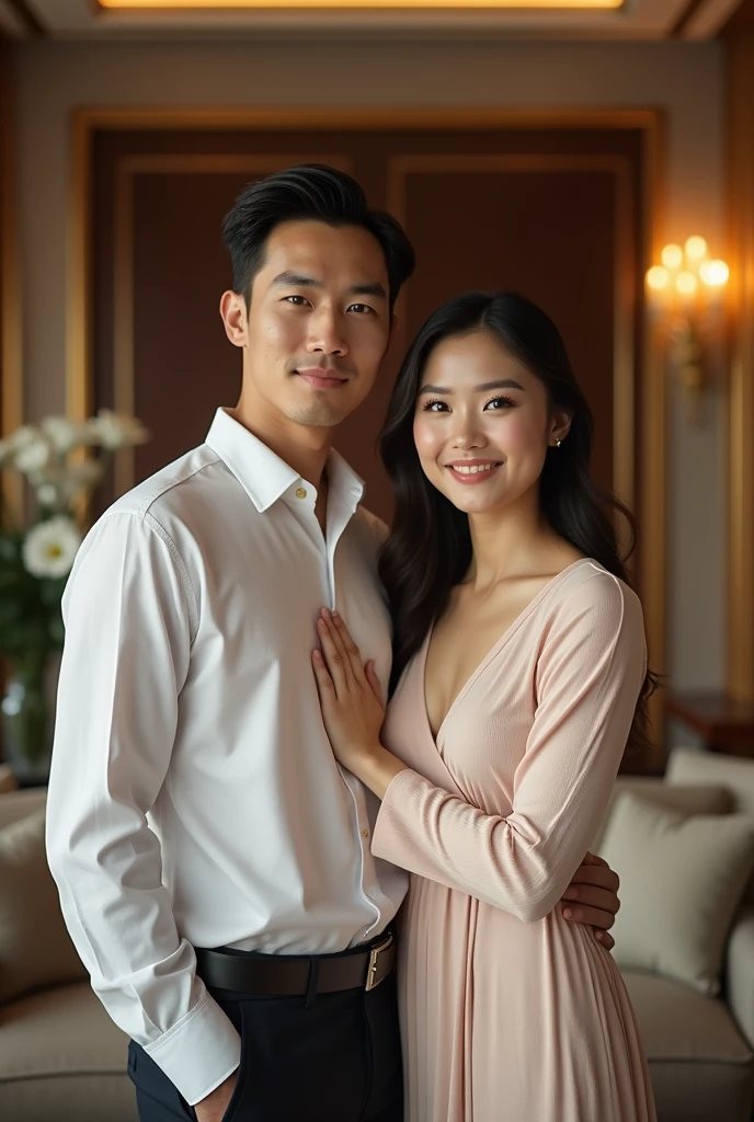 Photo of a Thai couple, white skin, standing facing forward in a hotel.