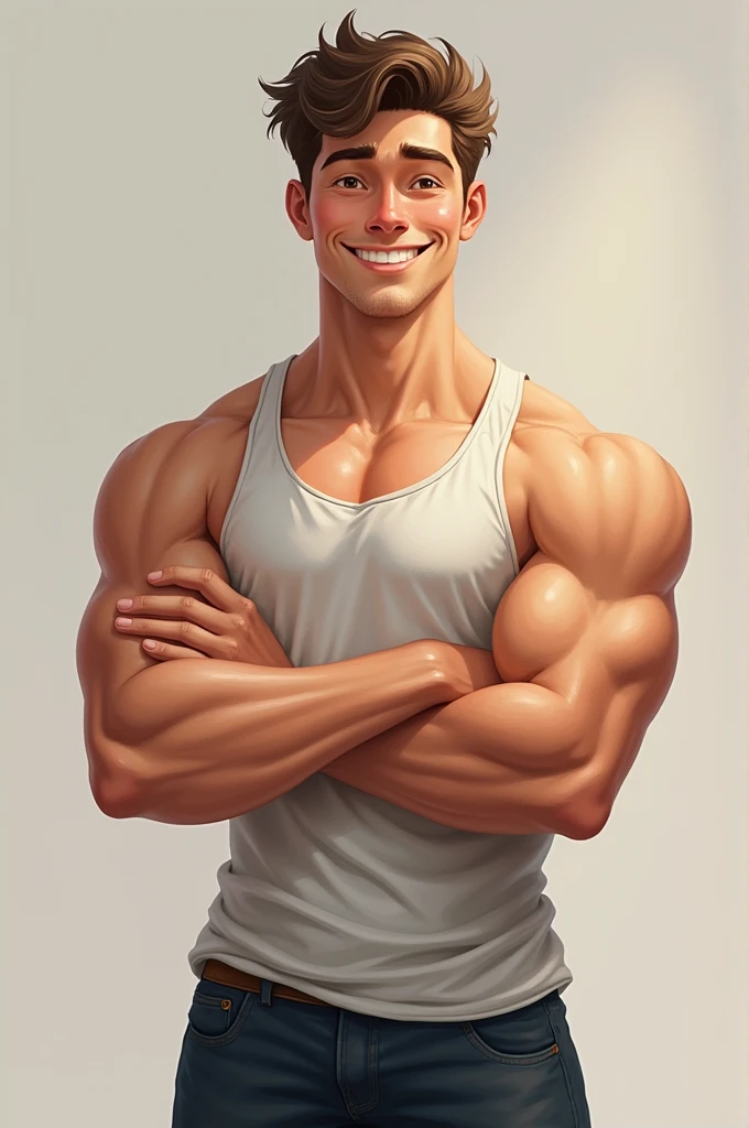 Man of approximately 1 meter tall.80 meters, toned complexion, Pale skin, short wavy hair, happy look and round face, broad hands and thick fingers, athletic body, college student
