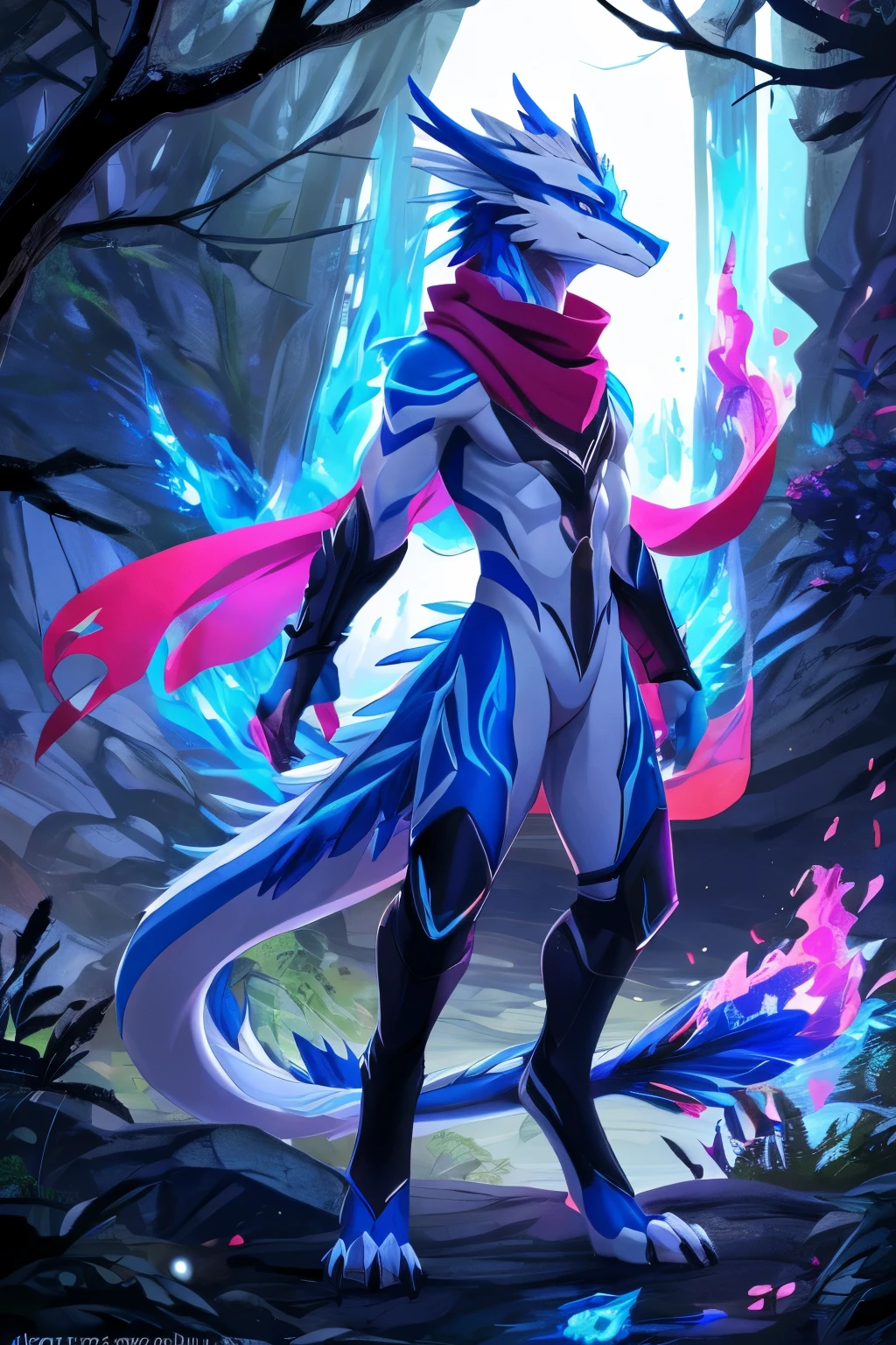 (anime), (front facing), (looking at the camera), slim furry white dragon using fire magic, blue secondary body color, (black, magenta and blue complimentary colors), spikes, very long muzzle, neck and tail fur, digitigrade, creative horns, feathers, dark gradient, (wearing only a scarf), body markings, nature background, full body