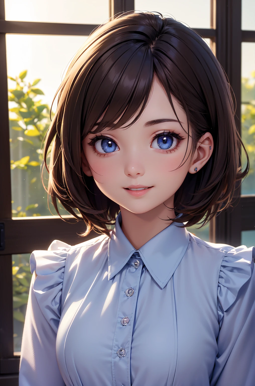 (highy detailed) (with high resolution) (4K quality) (perfect lighting) (face detailed) (detailed hair) (detailedeyes) (detailed nose) (detailed lips) A beautiful young girl, short brown hair, blue colored eyes, Full-body image, smile cute, near the window.