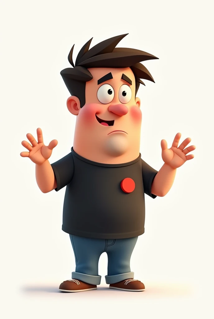 Create a Disney Pixar style character in a white setting a white man, narigudo, with thick eyebrows, the short hair down, short, wearing a black t-shirt with a red circle on the left chest and jeans pointing with his hands