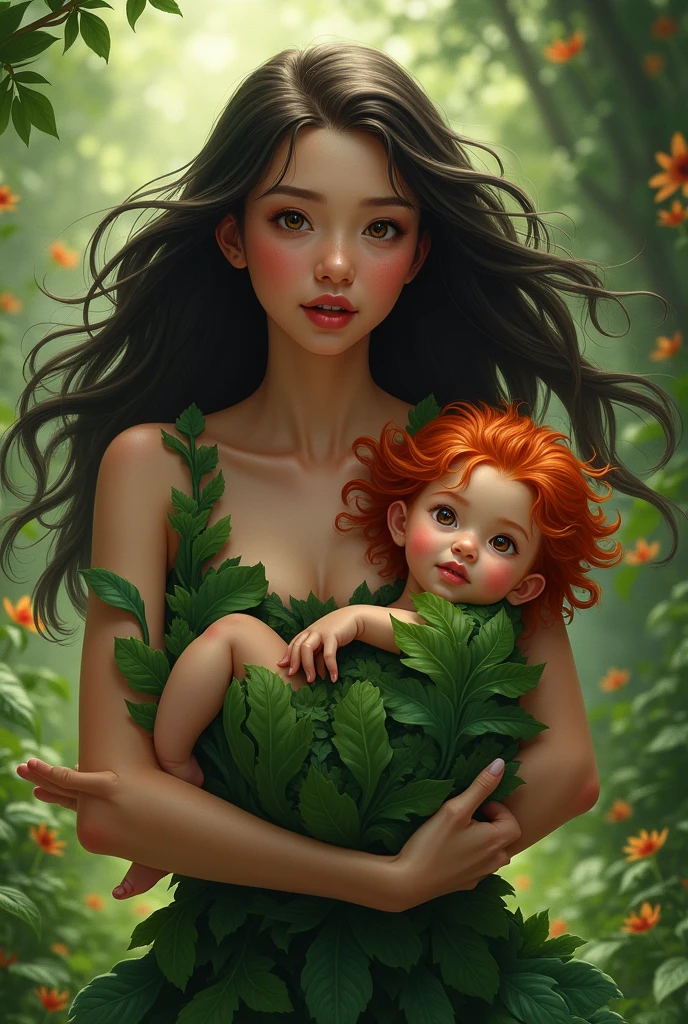An adult woman with black hair wearing a dress made of leaves runs home to show her husband that she found a baby in a tree with red eyes and red hair with the baby in her arms 