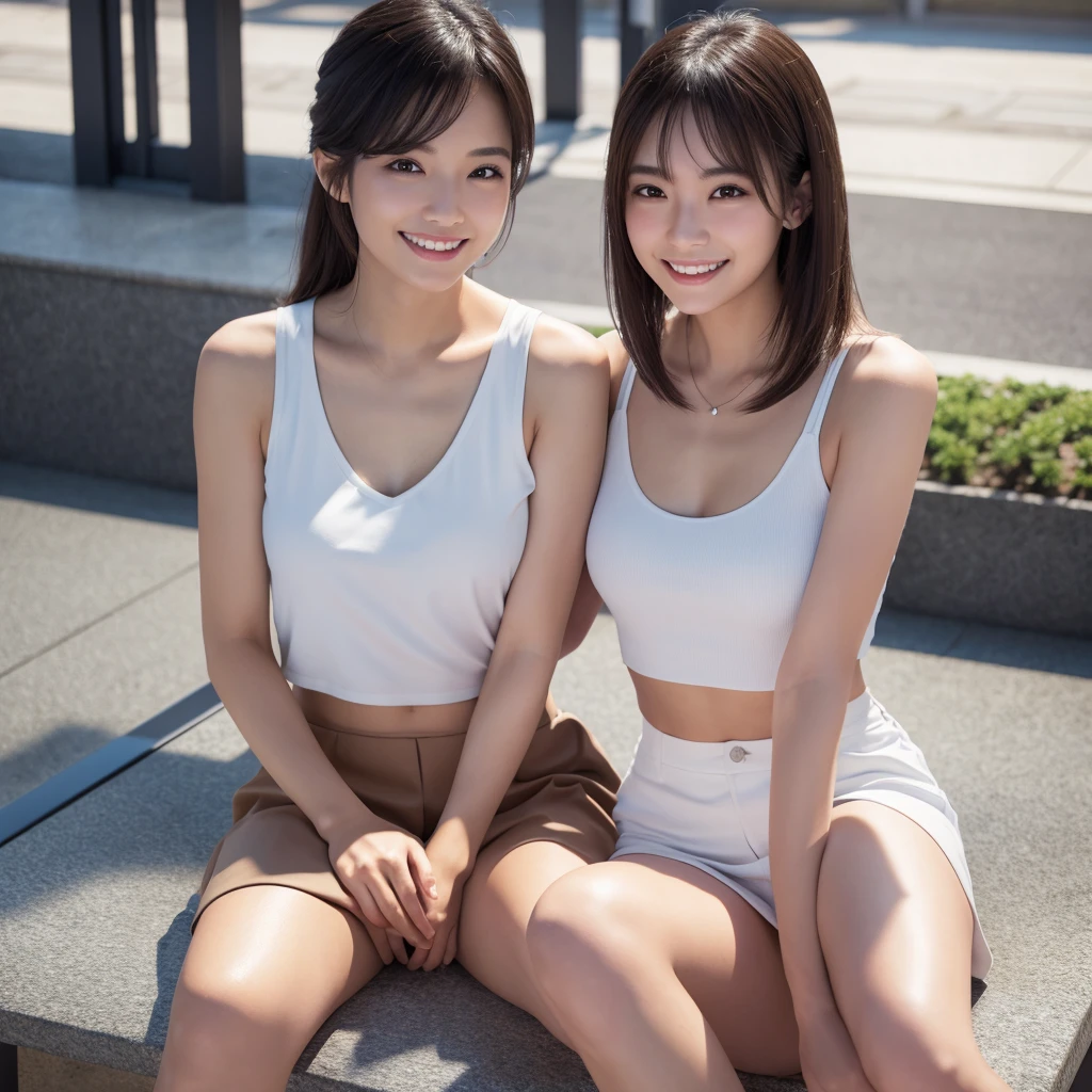 Japan Girls、Sitting on a bench in the schoolyard with legs in an M shape、She is wearing a white sleeveless top and a miniskirt summer outfit.、Actual photo、High resolution, masterpiece, Accurate, Anatomically correct, 最高quality, Attention to detail, High resolutionモデル, 高quality, quality, Very detailed, Textured skin, 超High resolution, Shortcuts, smile, Valletta, 8k octane, 3D Rendering,