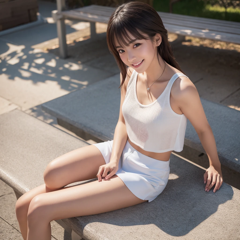 Japan Girls、Sitting on a bench in the schoolyard with legs in an M shape、She is wearing a white sleeveless top and a miniskirt summer outfit.、Actual photo、High resolution, masterpiece, Accurate, Anatomically correct, 最高quality, Attention to detail, High resolutionモデル, 高quality, quality, Very detailed, Textured skin, 超High resolution, Shortcuts, smile, Valletta, 8k octane, 3D Rendering,