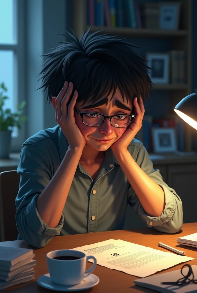 a nerd all exhausted crying because he got a nine on the test