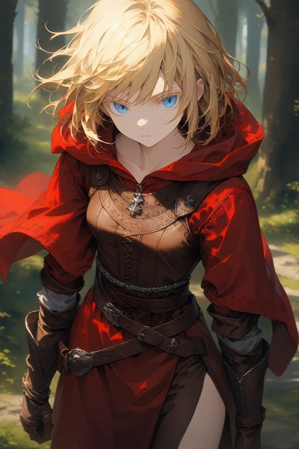 masterpiece, best quality, very aesthetic, absurdres,1girl,rating: general,(hyper detailed eyes),blonde hair,short hair,[disheveled hair],colored eyelashes,blonde eyelashes,blue eyes,(sharp eyes),(slanted eyes),choppy bangs,medium breasts,clear face,expressionless,determined,(red hooded cloak),leather armor,leather chest guard,leather gauntlets,leather greaves,leather boots,sheathed,medieval,forest,