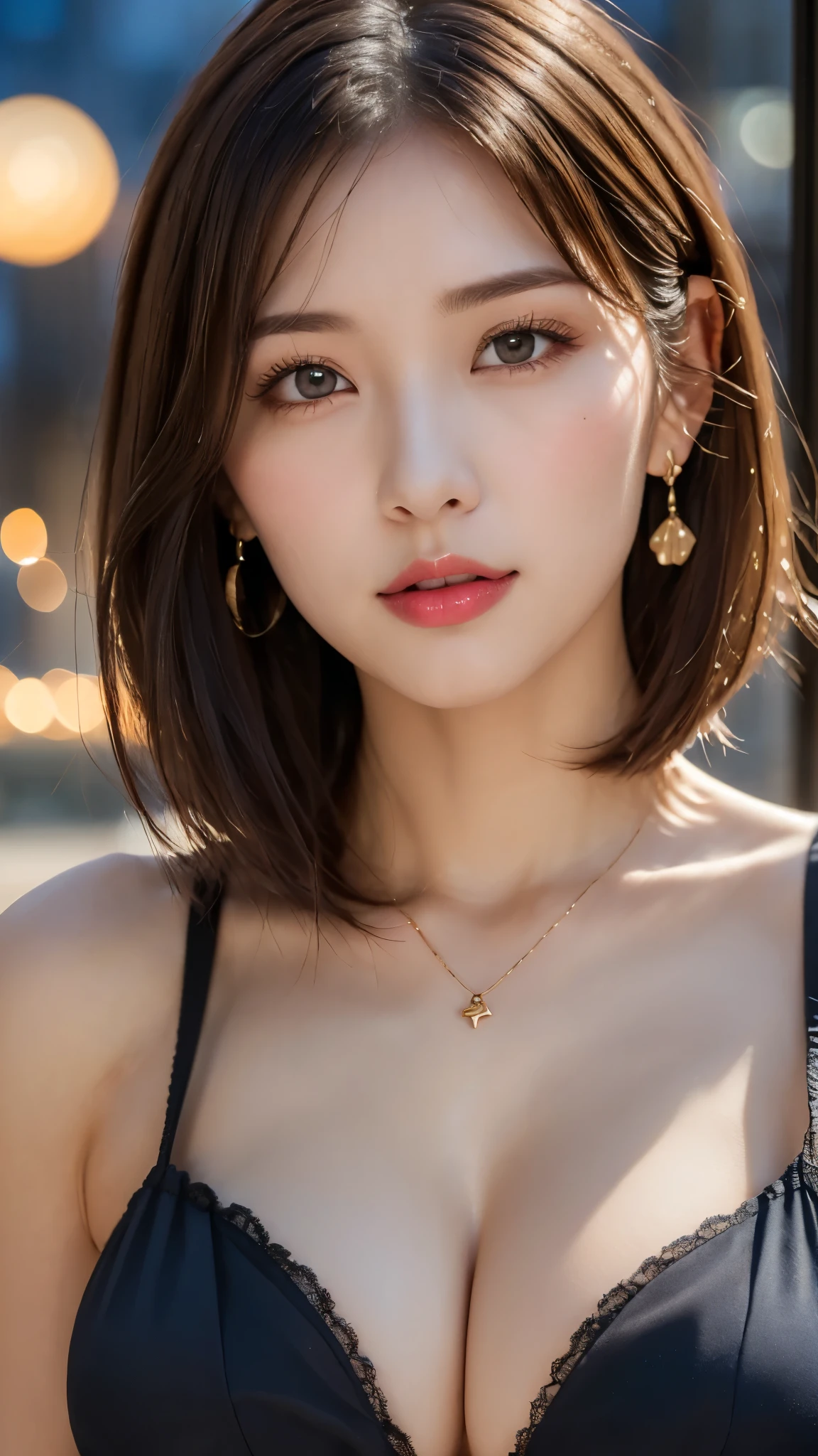 (Photorealistic, 32k, RAW photo, best quality:1.4), (masterpiece:1.3), (ultra high resolution, ultra realistic, highly detailed, golden ratio, ultra detailed), 1 beautiful woman, natural makeup, intricate cloth texture, finely detailed hair texture, beautiful full-body, perfect female form, anatomically accurate, highly detailed face and skin, (elegant hands), (realistic skin), (beautiful pale skin:1.1), (upper body, extreme close-up:1.8), (Oversized Breasts, generous cleavage1.3), (Wearing Blue Slip Dress:1.5), (Earrings, Pendant),
BREAK,
realistic eyes, captivating detailed eyes, symmetric eyes, light brown eyes, double eyelids, thin eyebrows, (glossy lips:1.4), (face waiting for kiss, blush:1.3),
BREAK,
((short bob cut, dark brown hair, bangs:1.2)), (Moonlit night, terrace:1.3)