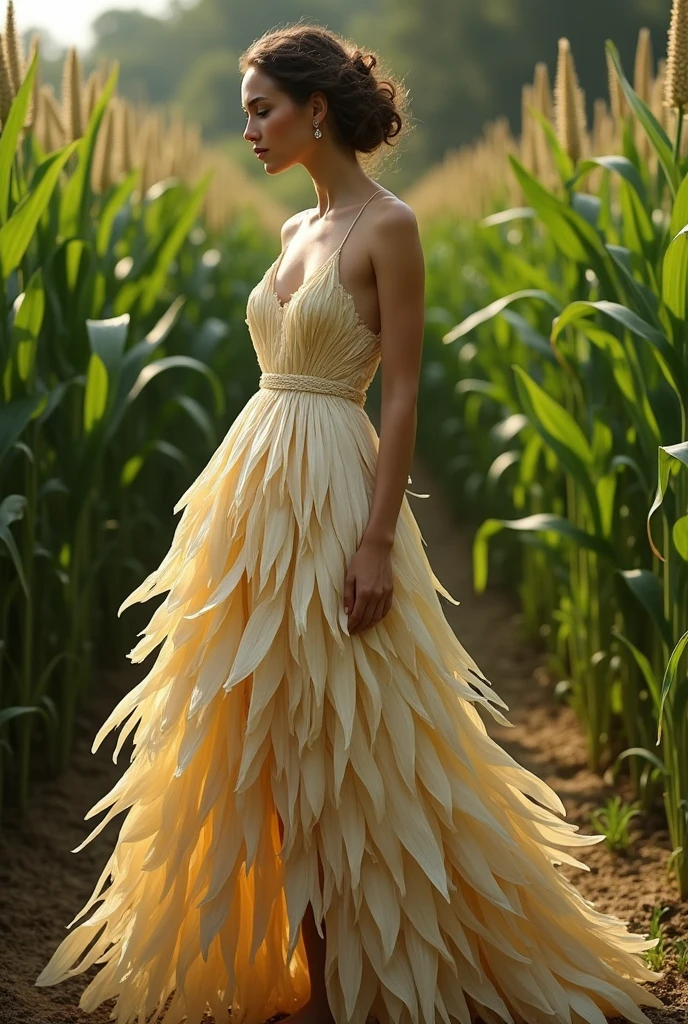 Dress made from real corn husks, that you can see that they are real corn leaves, that looks even more real, that it looks more real, that it looks more real