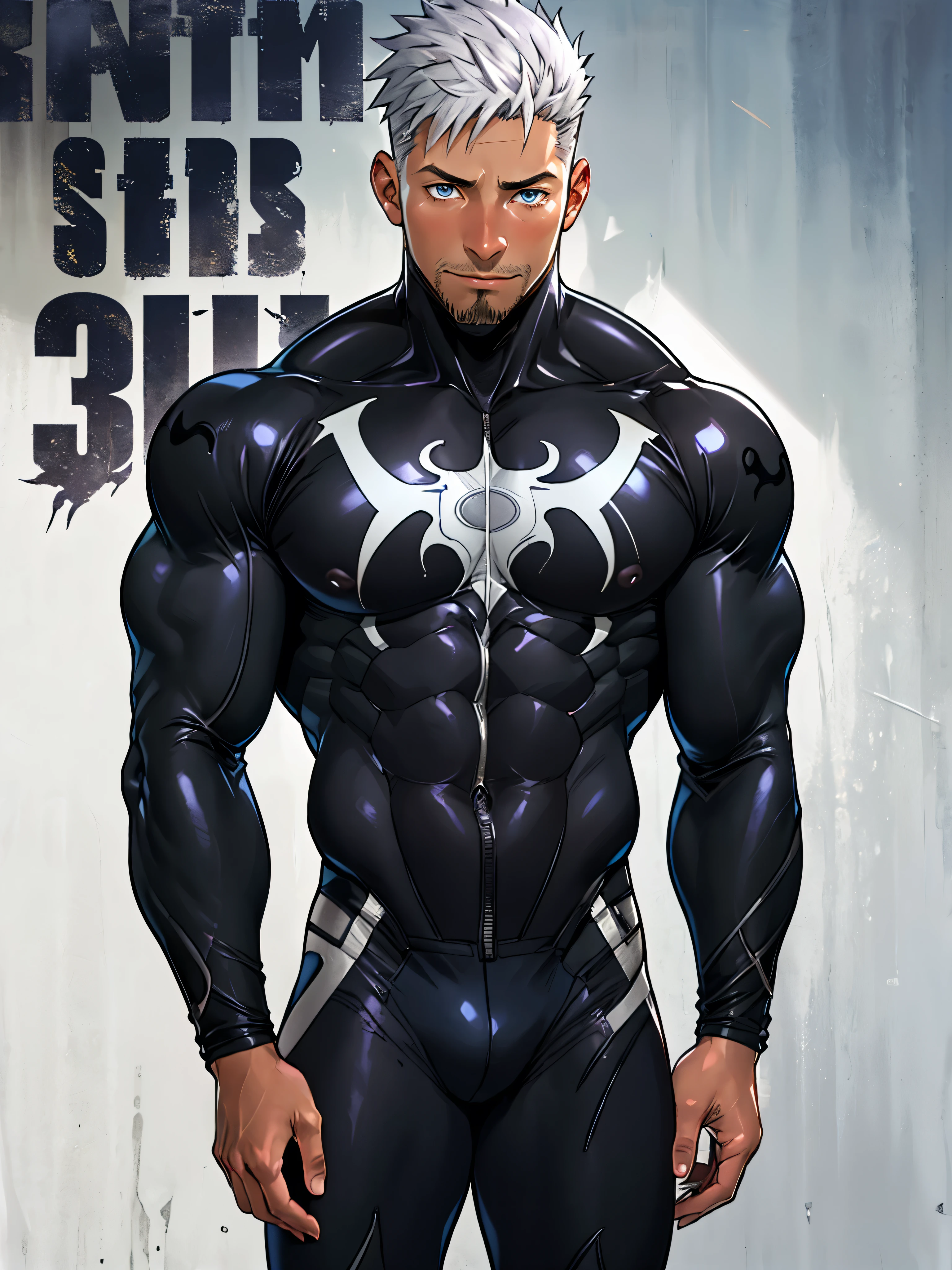 young muscular male, work of art, details Intricate, trunk, best qualityer, eye focus, silver hair, manly, stubbles, poison, symbiote costume,(Emiya_Shiro:1.2),darkskin, 1 young boy, (symbiote whole bodysuit:1.1), eye focus, Face, detailedeyes, symbiote with firm skin, blue colored eyes, whole body, 