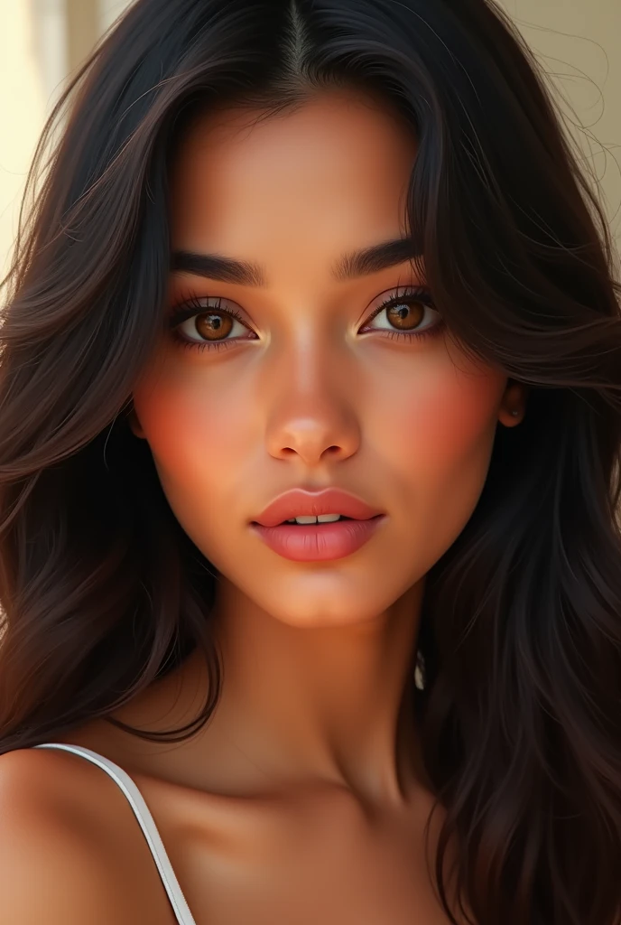 latina girl with long dark hair, brown eyes, plump lips, and long eyelashes.