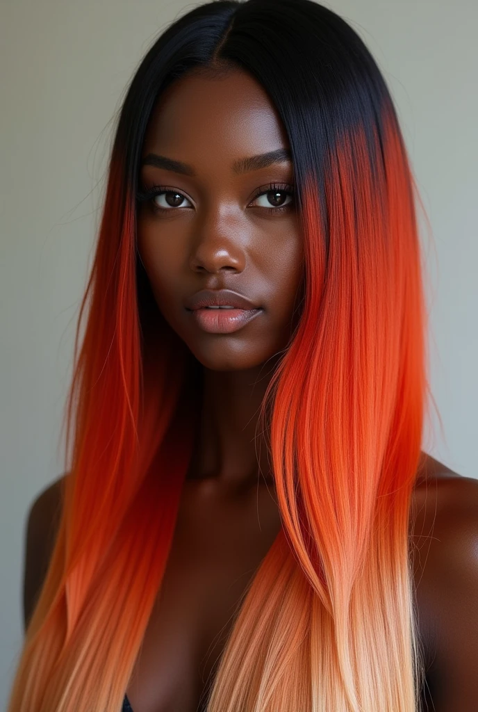 An image of a black woman with long straight hair. The top of the hair starting from the root, who is redheaded) and going up to the loose coppery red length. The rest of the hair, that is underneath, It&#39;s very light blonde, tone 12 and long.