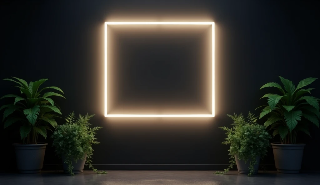 a flat dark wall with a white rectangular neon light on it, and plants in the corners