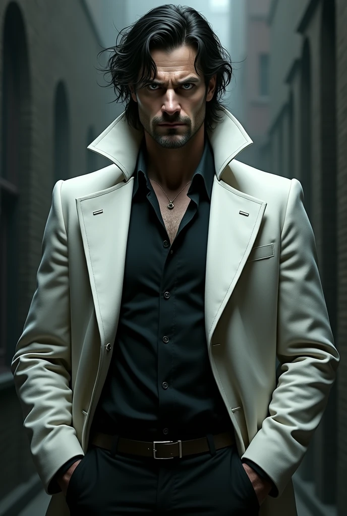 Make John Constantine the Dark-Haired Character, Brown eyes and wearing a white overcoat and a black shirt underneath