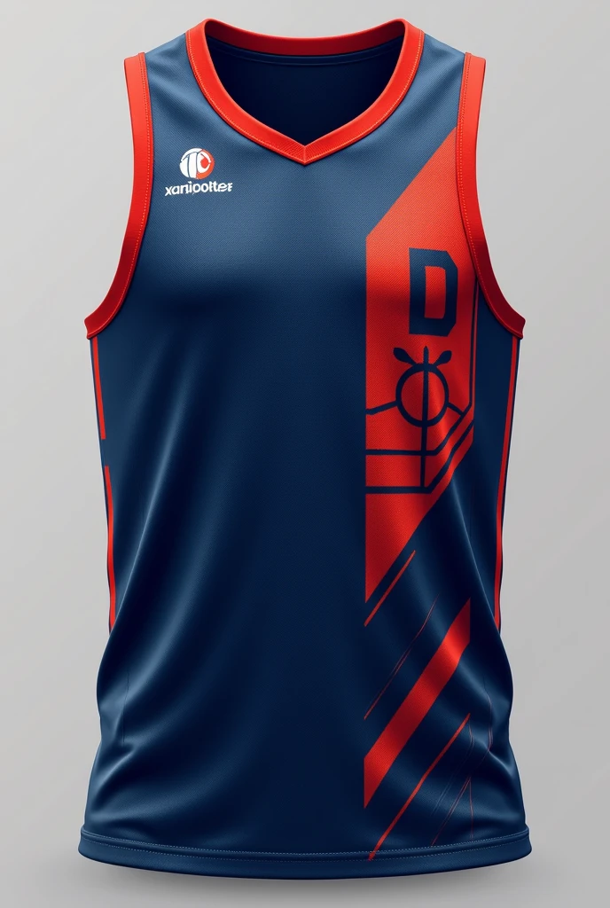 Draw a basketball team tank top where the base color is navy blue. The design has to be modern but innovative 
